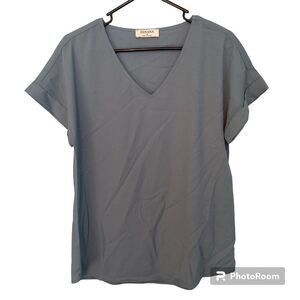 Zenana Blue Short Sleeve Blouse Women’s Small Sheer V-Neck